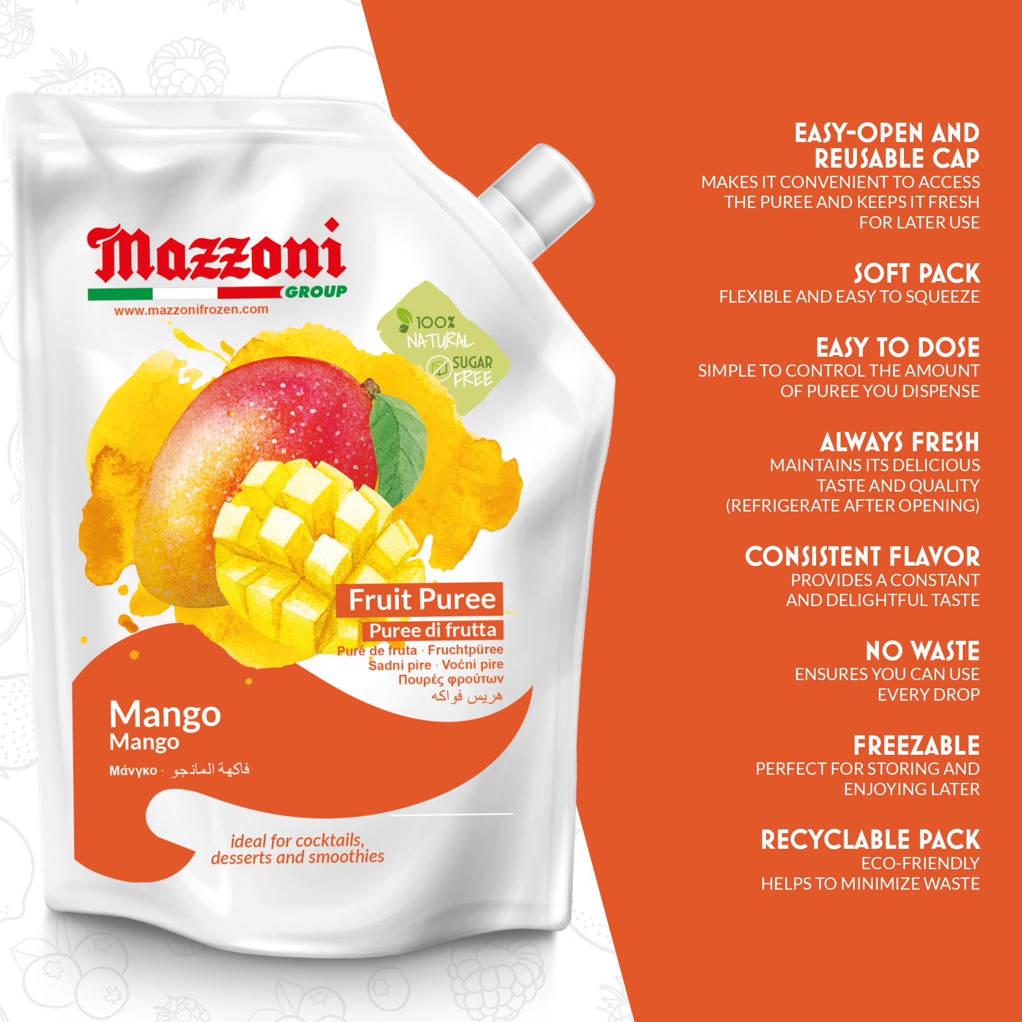 Mango Fruit Puree, 100% Pure Mango Fruit, MAngos, Just Fruit, No Sugar Added, Real Fruit for, Smoothies, Drinks, Cocktails, Fruit Juice - 2.2 lb Convenient Pouch, Mazzoni, Made in Italy
