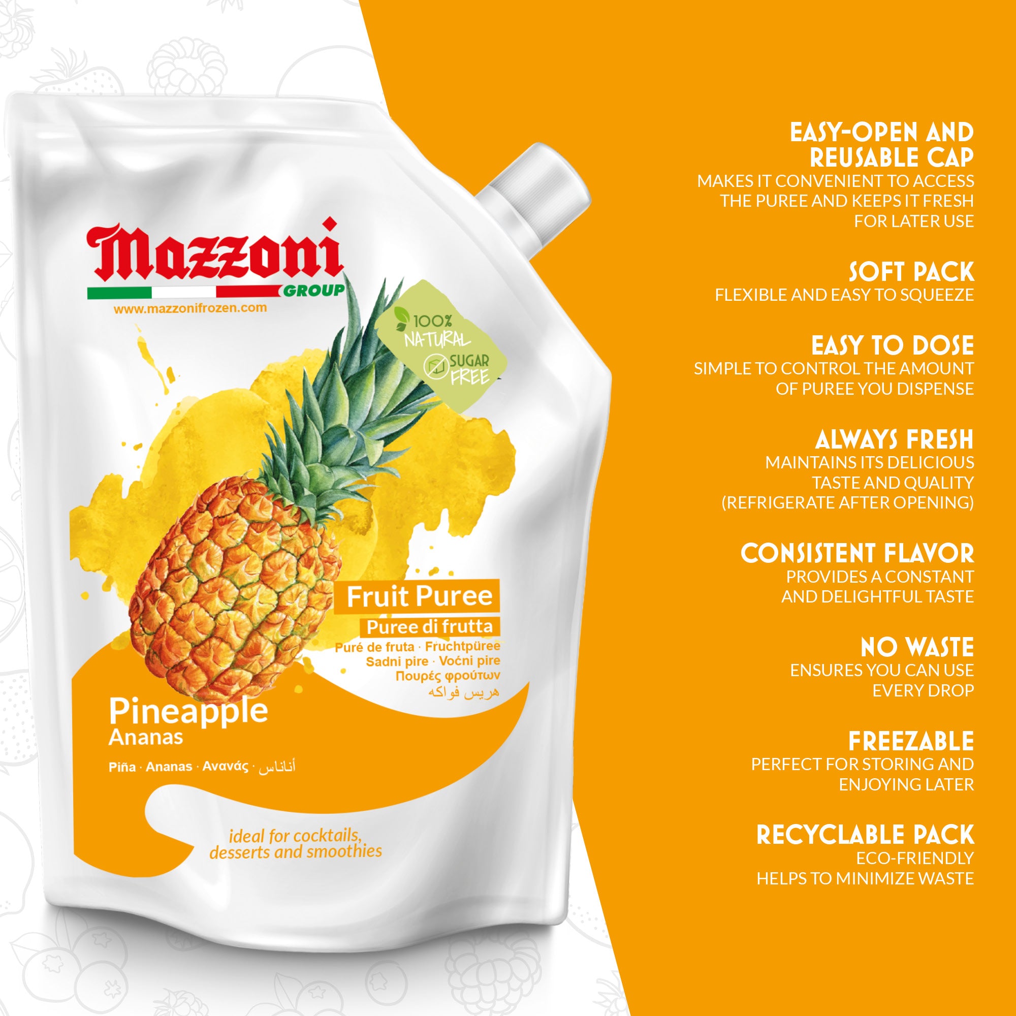 Mazzoni Pineapple Puree, Pineapple Pulp, 100% Pure Pineapple Mix, Just Fruit, No Sugar Added, Real Fruit for Smoothies, Drinks, Cocktails, Fruit Juice - 2.2 lb. Convenient Pouch, Mazzoni Pineapple puree,  Made in Italy
