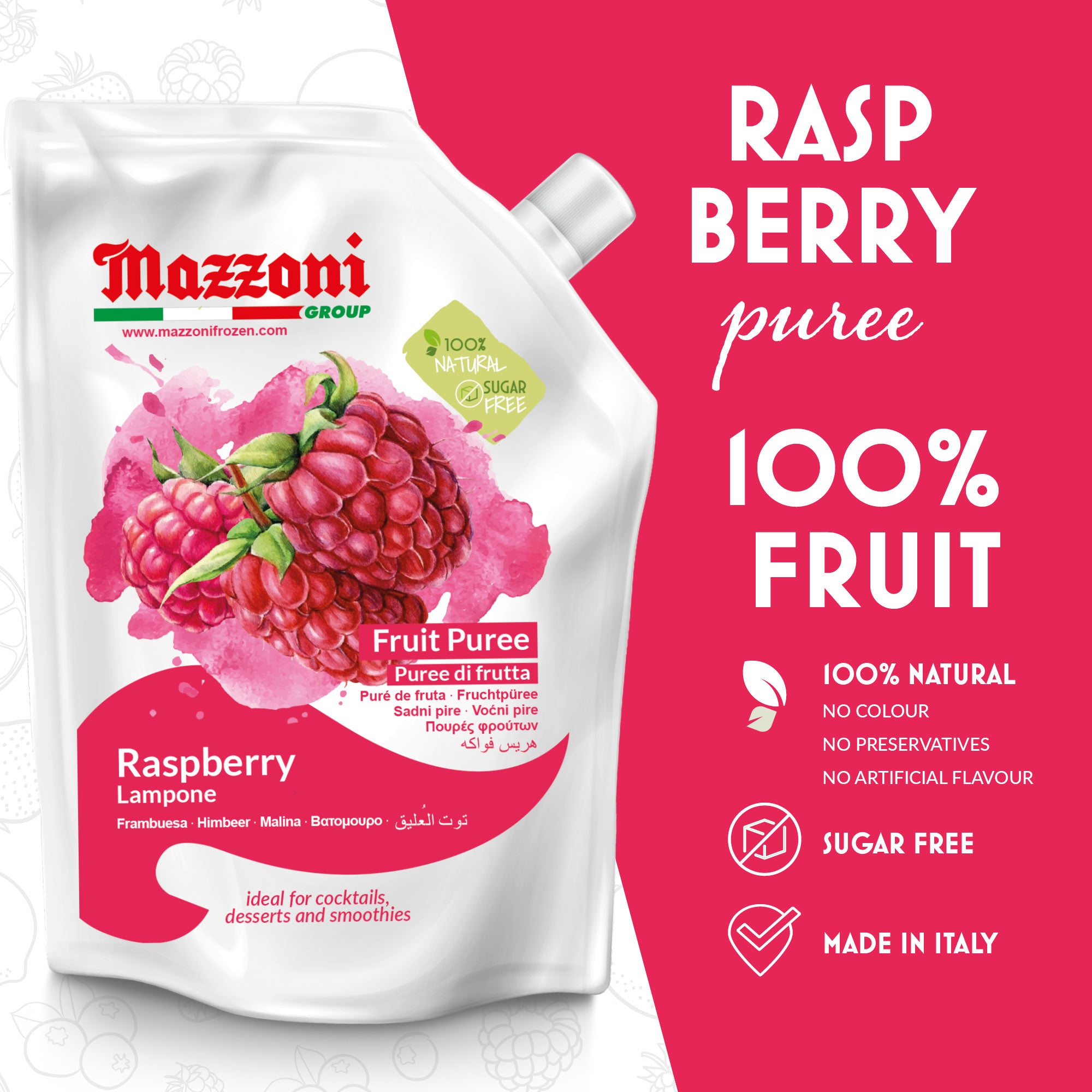 Mazzoni Raspberry Puree, Mazzoni Raspberry Pulp,  100% Pure Raspberries, Just Fruit, No Sugar Added, Real Fruit for, Smoothies, Drinks, Cocktails, Fruit Juice - 2.2 lb Convenient Pouch, Mazzoni, Made in Italy