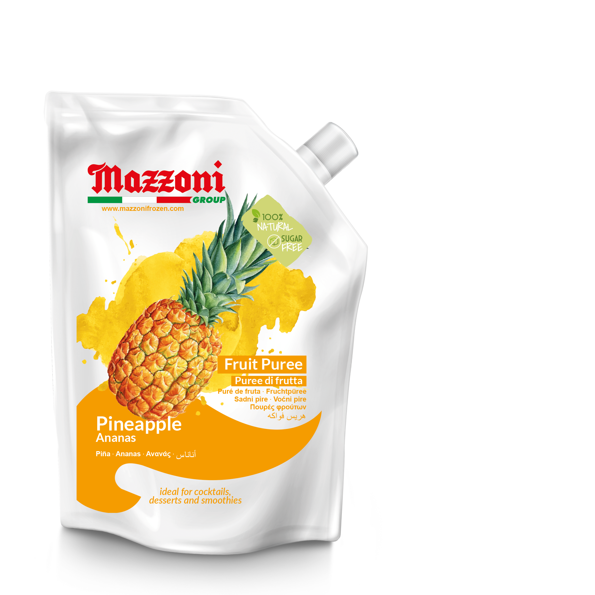 Pineapple Puree, 100% Pure Pineapple Mix, Just Fruit, No Sugar Added, Real Fruit for Smoothies, Drinks, Cocktails, Fruit Juice - 2.2 lb. Convenient Pouch, Mazzoni, Made in Italy
