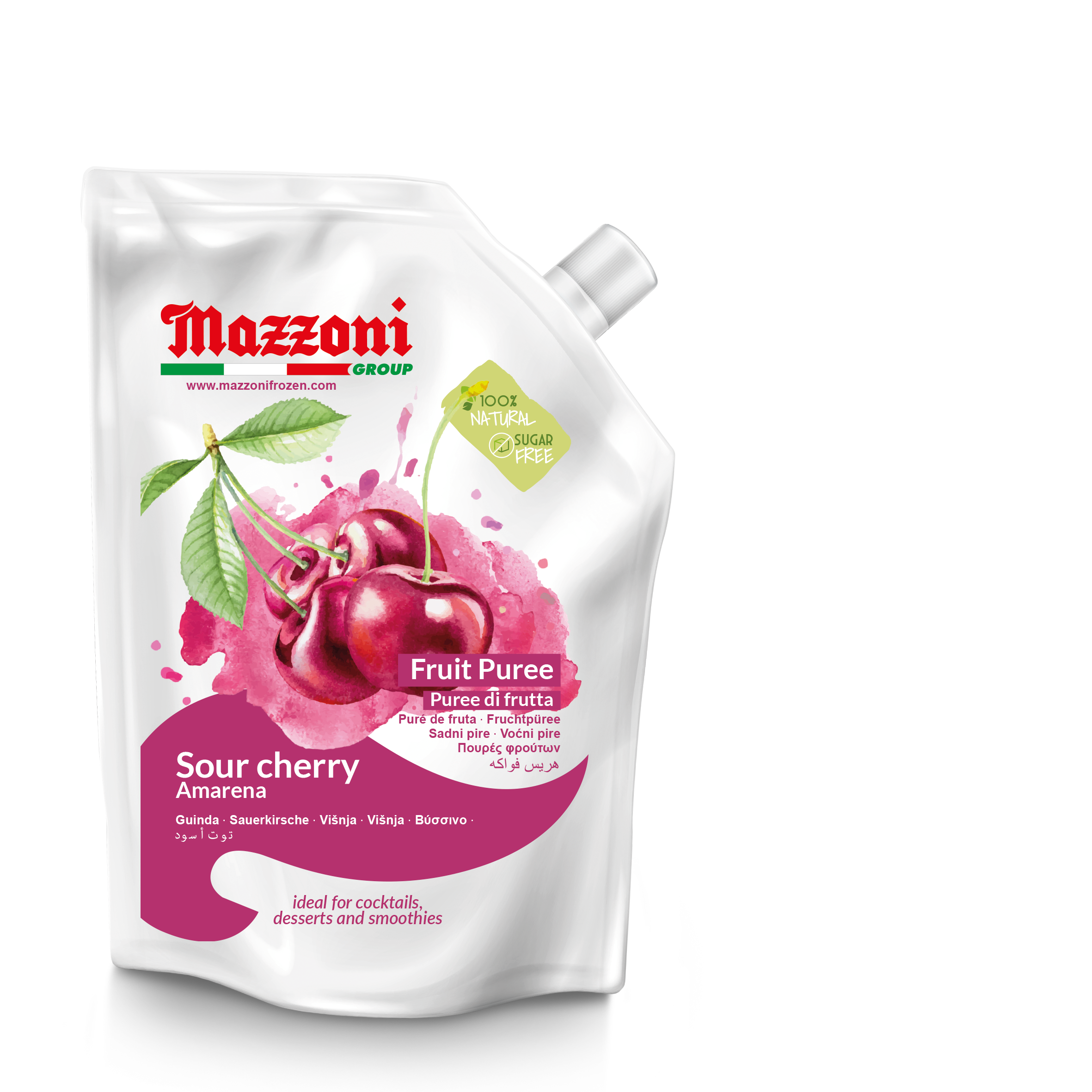 Sour Cherry Puree, 100% Pure Sour Amarena Cherry, Just Fruit, No Sugar Added, Real Fruit for, Smoothies, Drinks, Cocktails, Fruit Juice - 2.2 lb. Convenient Pouch, Mazzoni, Made in Italy
