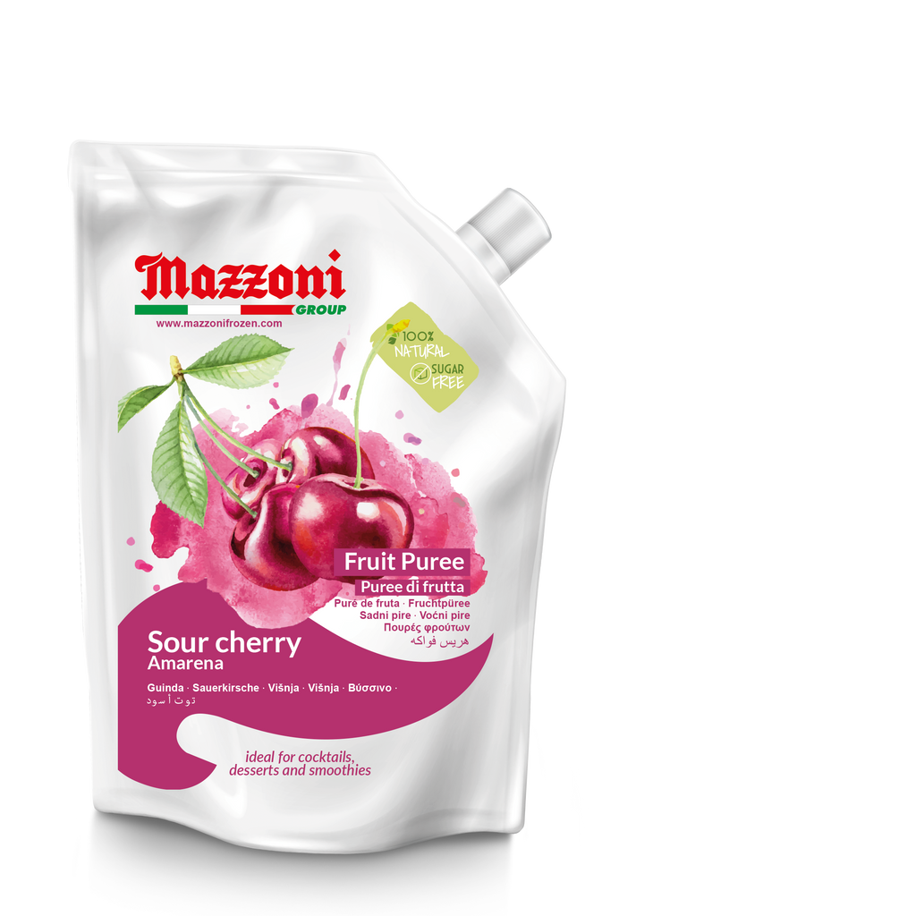 Sour Cherry Puree, 100% Pure Sour Amarena Cherry, Just Fruit, No Sugar Added, Real Fruit for, Smoothies, Drinks, Cocktails, Fruit Juice - 2.2 lb. Convenient Pouch, Mazzoni, Made in Italy
