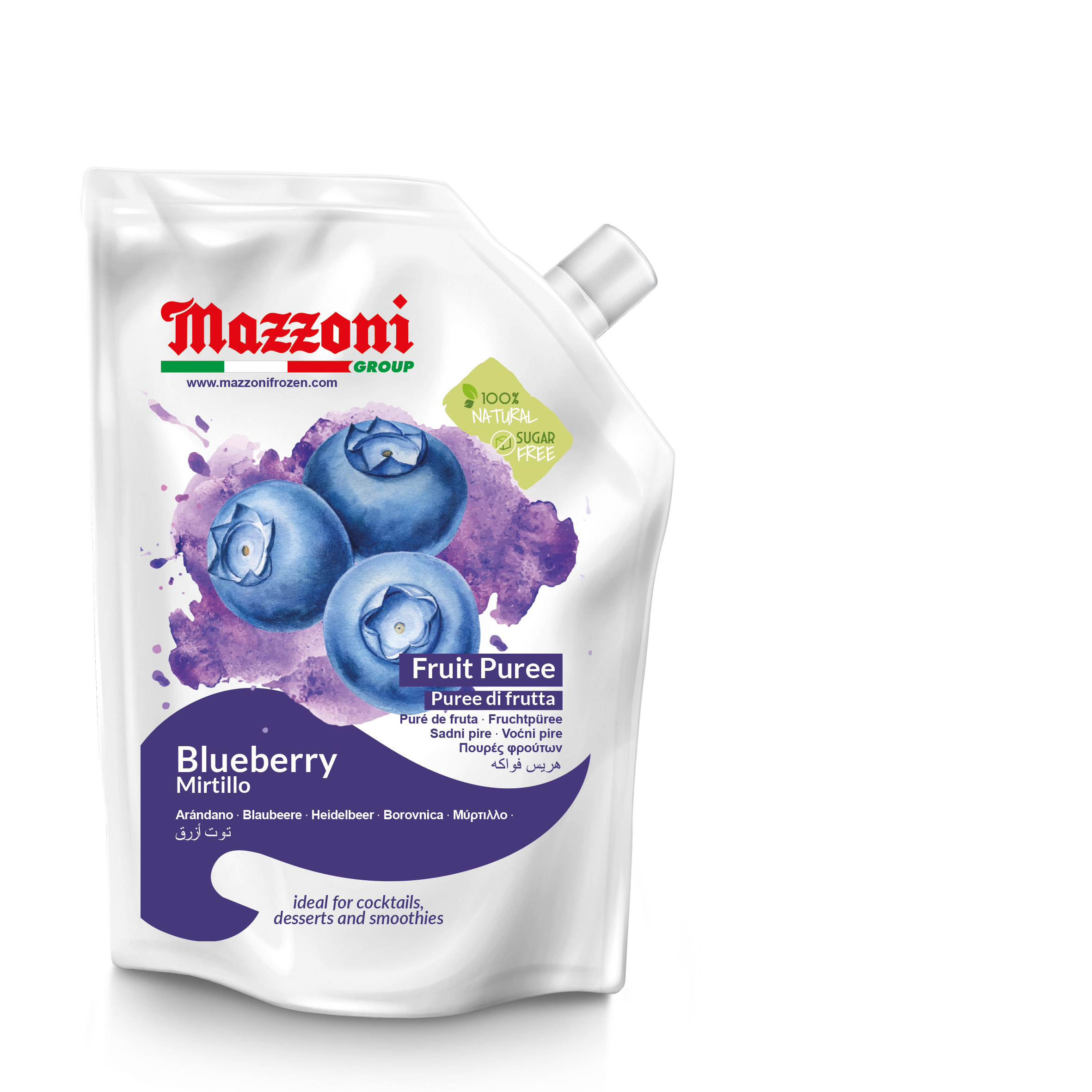 Mazzoni, Blueberry Puree, 100% Pure Blueberries, Just Fruit, No Sugar Added, Real Fruit for Smoothies, Drinks, Cocktails, Fruit Juice - 2.2 lb Convenient Pouch, Made in Italy