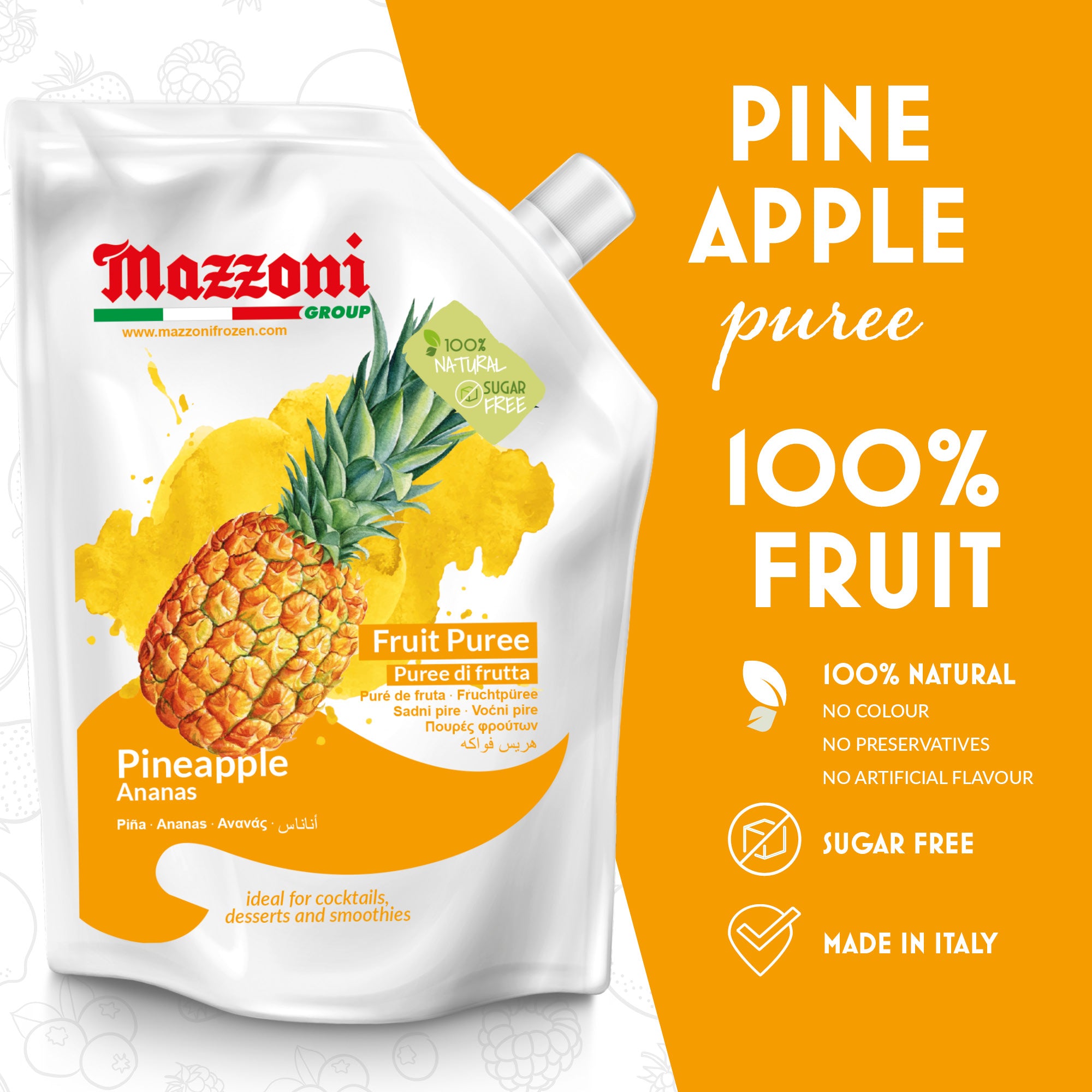 Mazzoni Pineapple Puree, 100% Pure Pineapple Mix, Just Fruit, No Sugar Added, Real Fruit for Smoothies, Drinks, Cocktails, Fruit Juice - 2.2 lb. Convenient Pouch, Mazzoni Pineapple puree,  Made in Italy
