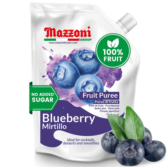 Mazzoni Blueberry Fruit Puree packaging with blueberries on a white background