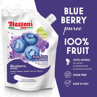 Mazzoni blueberry puree packaging with branding and product details on a white and purple background