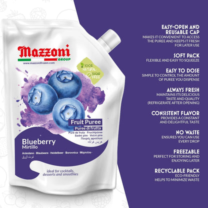 Mazzoni Blueberry Fruit Puree packaging with features listed on a purple background