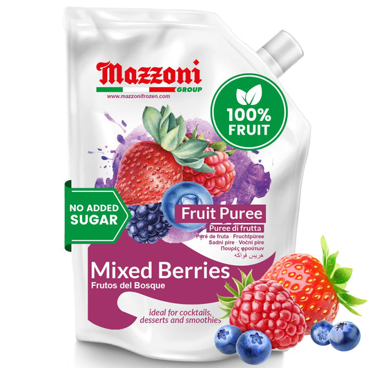 Mazzoni Mixed Berries Fruit Puree packaging on a white background