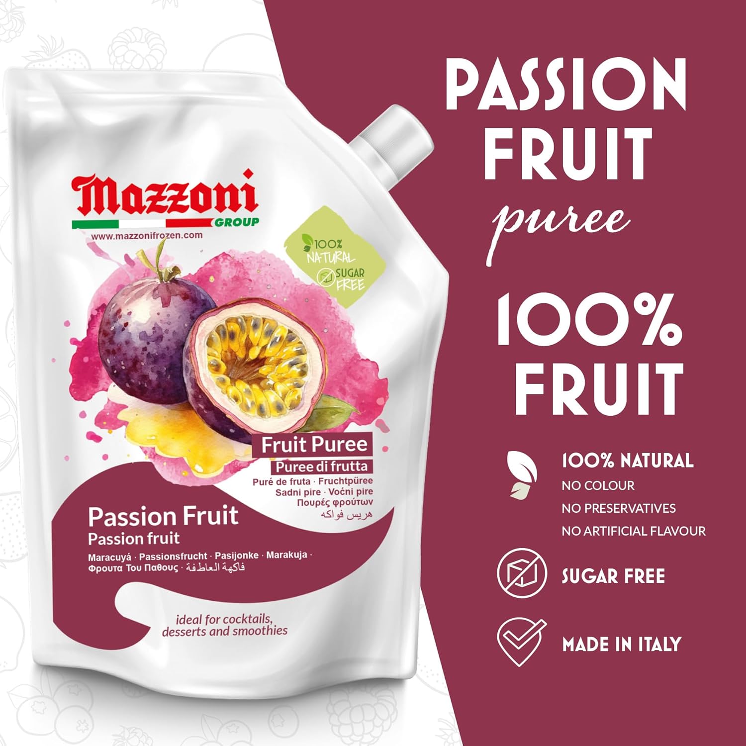 Made in Italy with 100% pure passion fruit (maracuya) and no sugar added, this real fruit puree delivers a bright, tangy taste that’s perfect for smoothies, cocktails, juices, and pastry applications. The 2.2 lb pouch is convenient for both home use and professional kitchens.