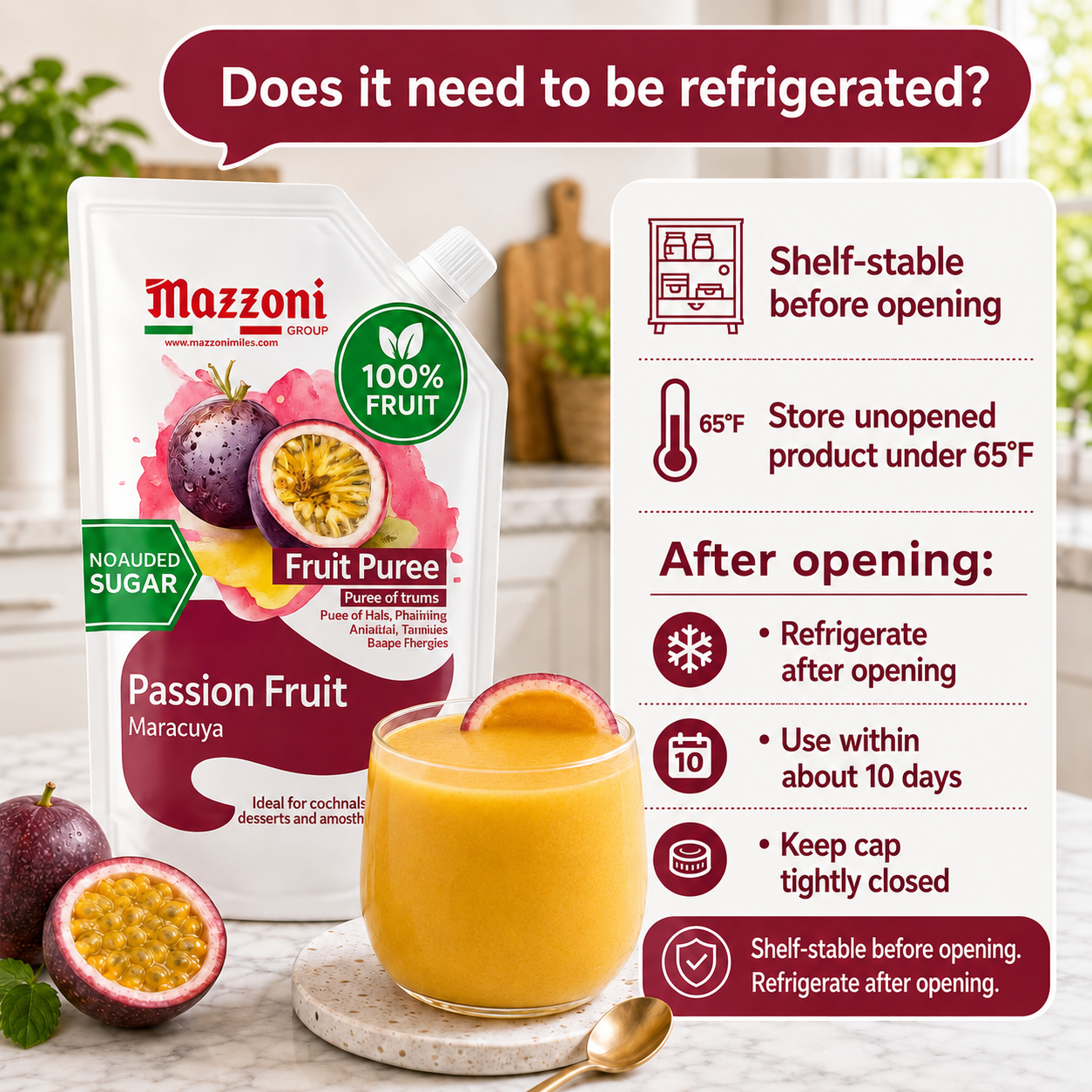 Made in Italy with 100% pure passion fruit (maracuya) and no sugar added, this real fruit puree delivers a bright, tangy taste that’s perfect for smoothies, cocktails, juices, and pastry applications. The 2.2 lb pouch is convenient for both home use and professional kitchens.
