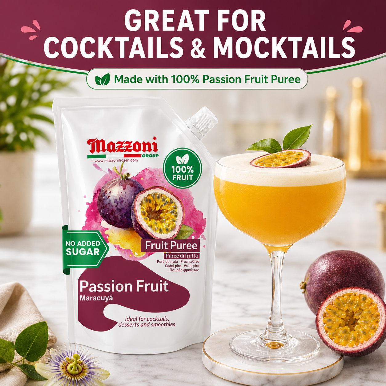 Made in Italy with 100% pure passion fruit (maracuya) and no sugar added, this real fruit puree delivers a bright, tangy taste that’s perfect for smoothies, cocktails, juices, and pastry applications. The 2.2 lb pouch is convenient for both home use and professional kitchens.