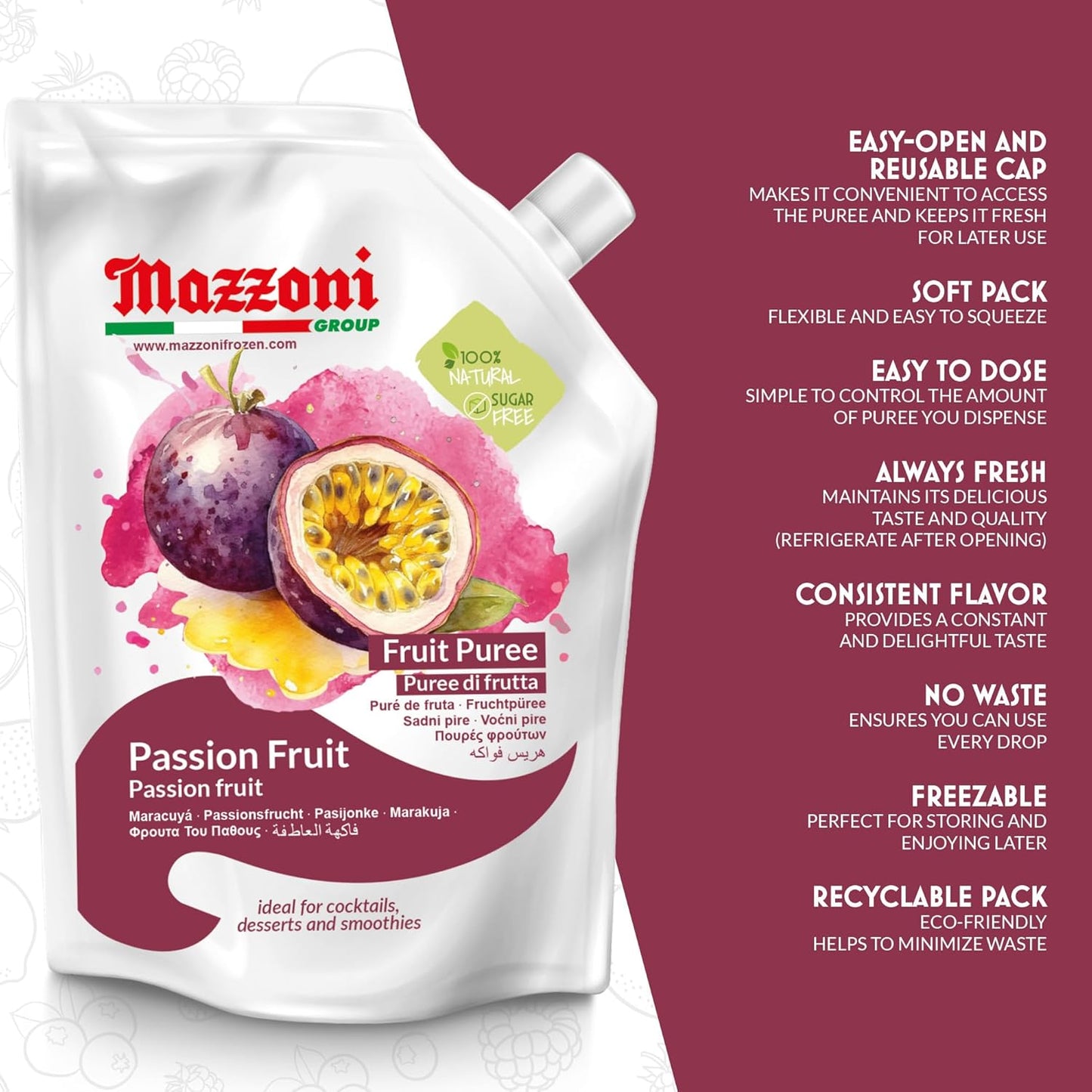Made in Italy with 100% pure passion fruit (maracuya) and no sugar added, this real fruit puree delivers a bright, tangy taste that’s perfect for smoothies, cocktails, juices, and pastry applications. The 2.2 lb pouch is convenient for both home use and professional kitchens.