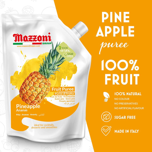 Mazzoni pineapple puree packaging with branding and product details on an orange background