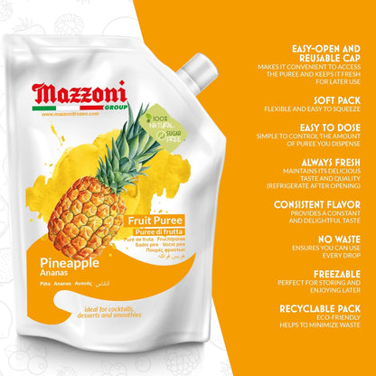 Mazzoni pineapple fruit puree packaging with features listed on an orange background
