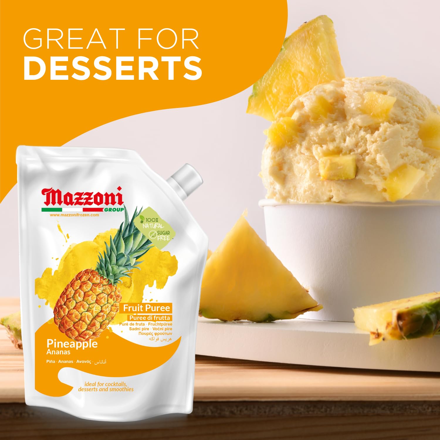 Mazzoni pineapple fruit puree packaging with a dessert featuring pineapple pieces.