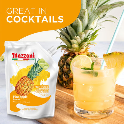 Mazzoni pineapple fruit puree package with a cocktail and pineapple on a wooden surface