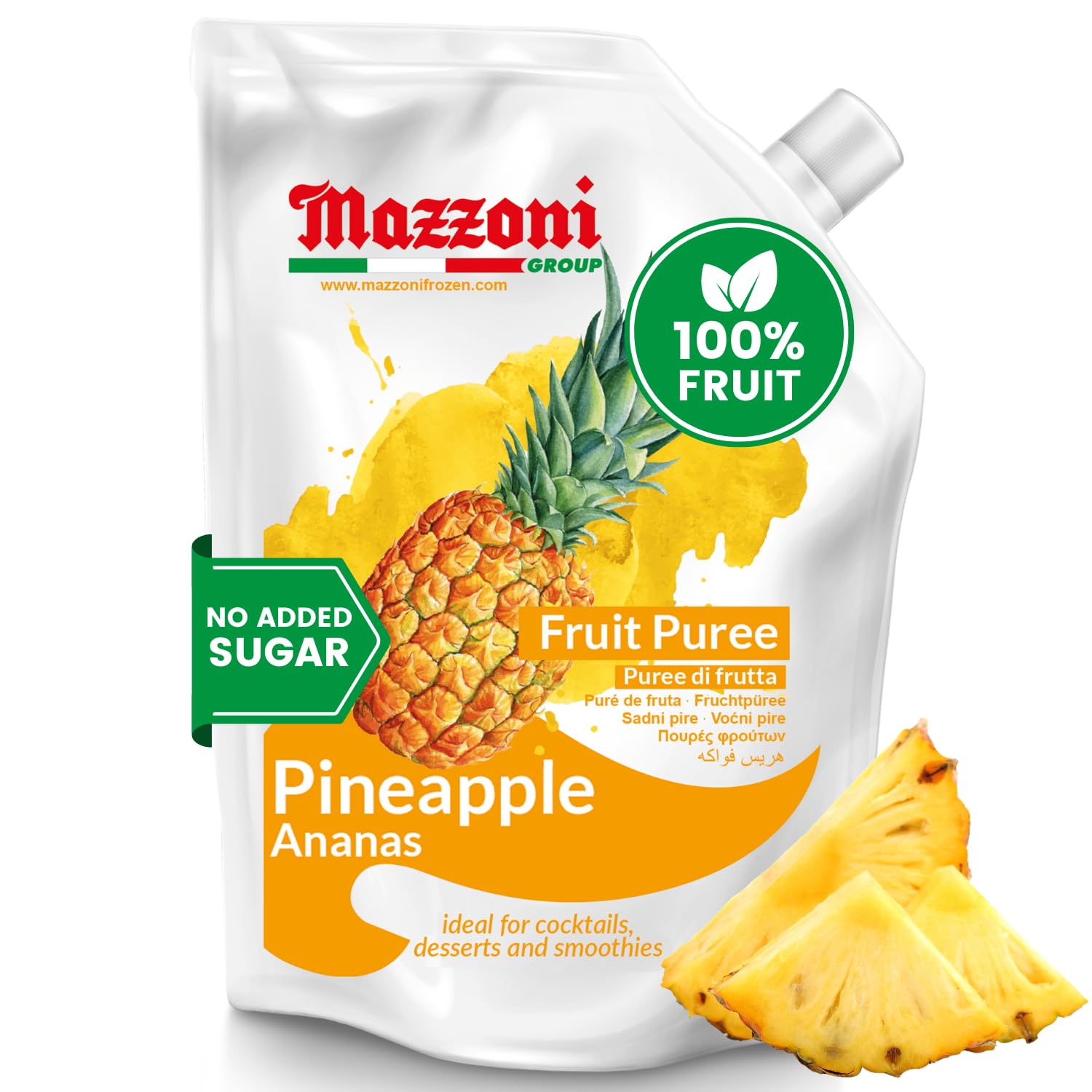 Mazzoni Pineapple Fruit Puree packaging with pineapple slices on a white background