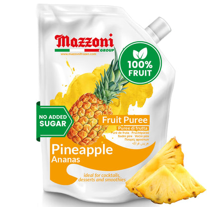 Mazzoni Pineapple Fruit Puree packaging with pineapple slices on a white background