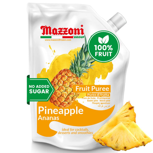 Mazzoni Pineapple Fruit Puree packaging with pineapple slices on a white background
