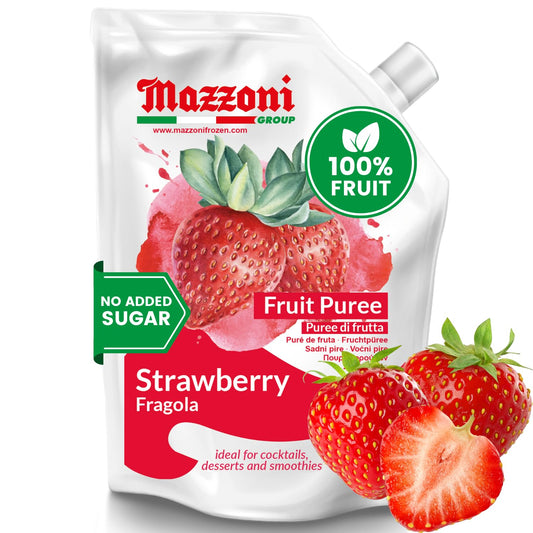 Mazzoni Strawberry Purée pouch, 100% fruit, 1 kg format, featuring fresh strawberries