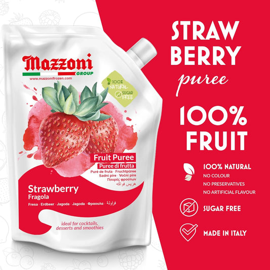 Mazzoni Strawberry Purée pouch, 100% fruit, 1 kg format, featuring fresh strawberries