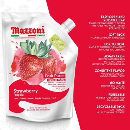 Mazzoni Strawberry Purée pouch, 100% fruit, 1 kg format, featuring fresh strawberries