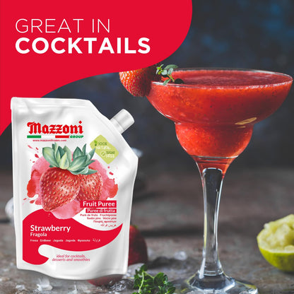Mazzoni Strawberry Purée pouch, 100% fruit, 1 kg format, featuring fresh strawberries