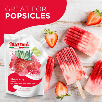 Mazzoni Strawberry Purée pouch, 100% fruit, 1 kg format, featuring fresh strawberries