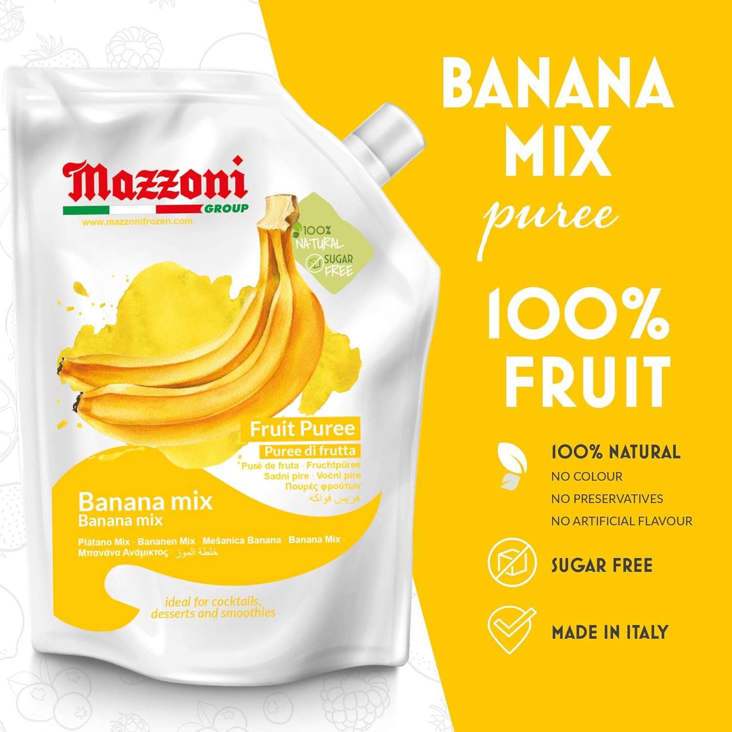 Mazzoni banana mix fruit puree packaging with yellow background