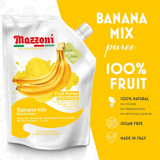 Mazzoni banana mix fruit puree packaging with yellow background