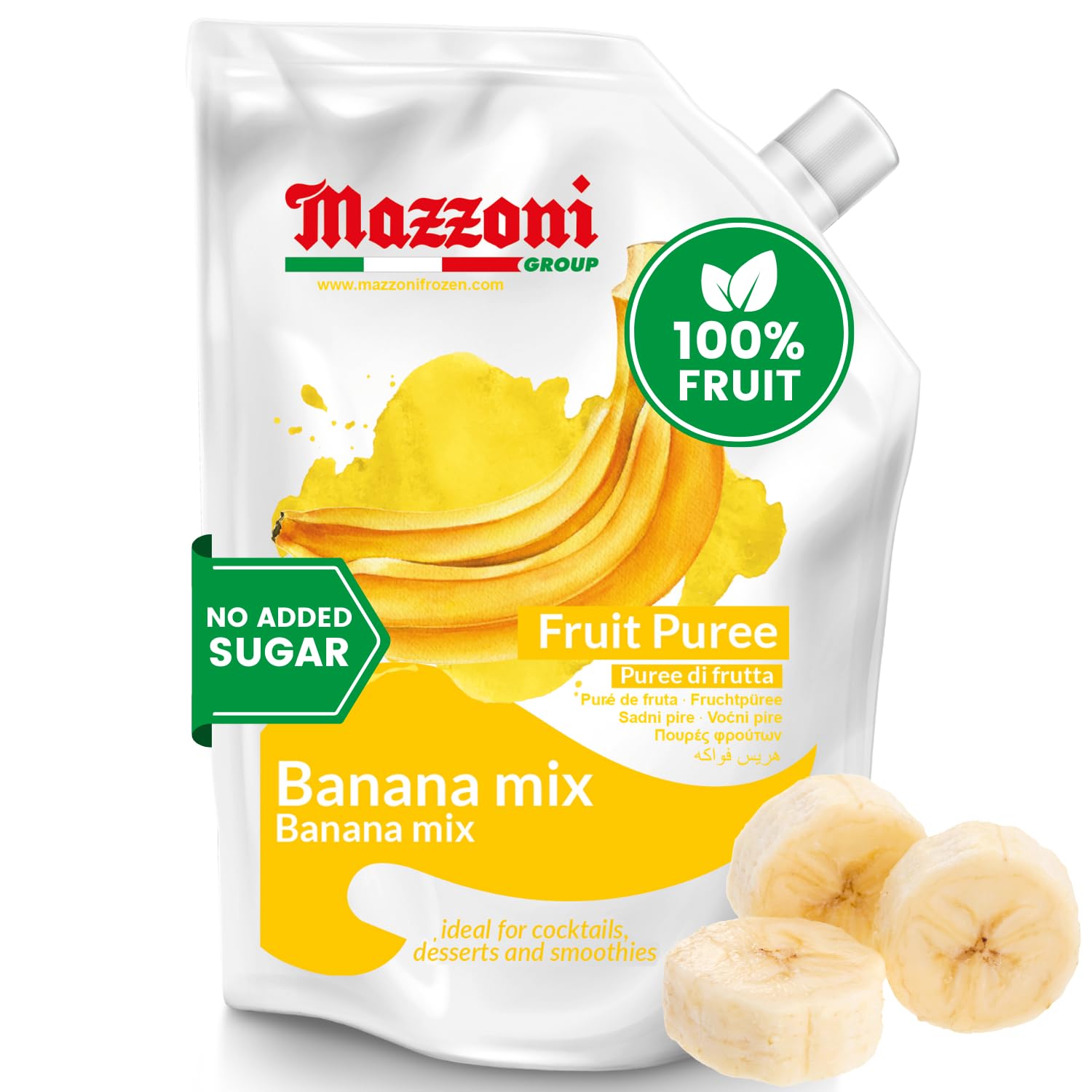 Mazzoni banana mix fruit puree package with bananas on a white background