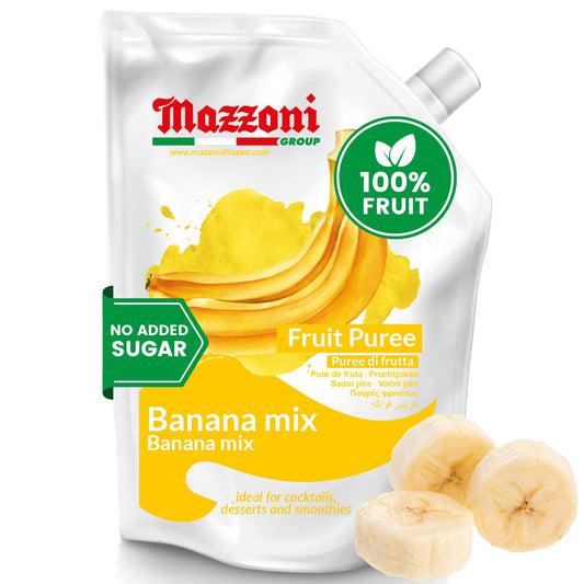 Mazzoni banana mix fruit puree package with bananas on a white background