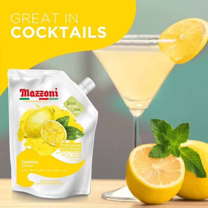 Mazzoni lemon juice pouch with a cocktail and lemons on a wooden surface