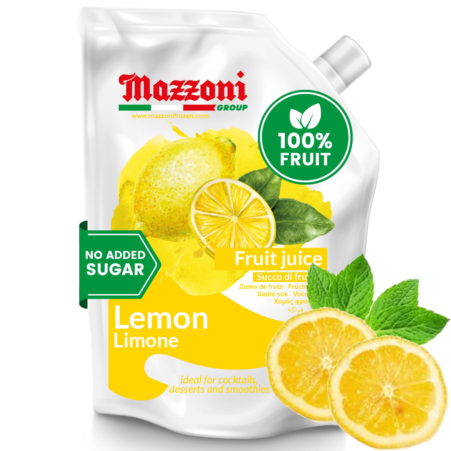 Mazzoni lemon juice pouch with lemon slices and green leaves on a white background