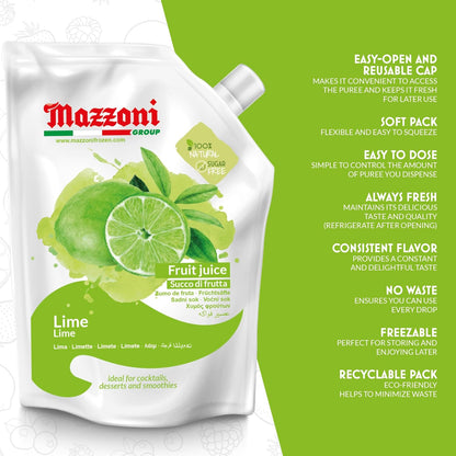 Mazzoni lime juice pouch with features listed on a green background