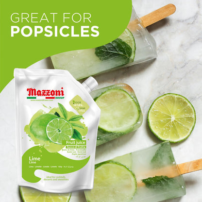 Mazzoni lime juice pouch with lime slices and popsicles on a marble surface