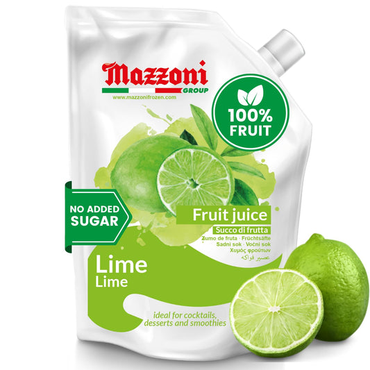 Mazzoni lime juice pouch with limes on a white background