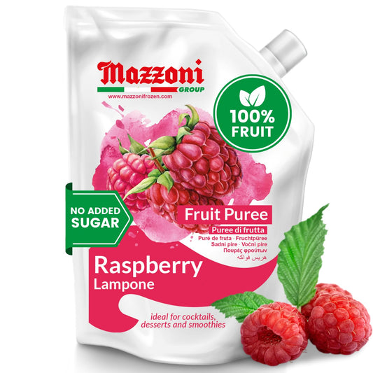 Mazzoni raspberry fruit puree pouch with raspberries and leaves on a white background