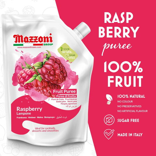 Mazzoni raspberry puree packaging with product details on a pink background