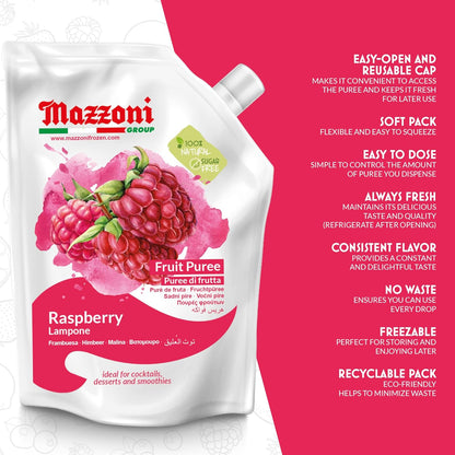 Mazzoni Raspberry Fruit Puree packaging with features listed on a pink background