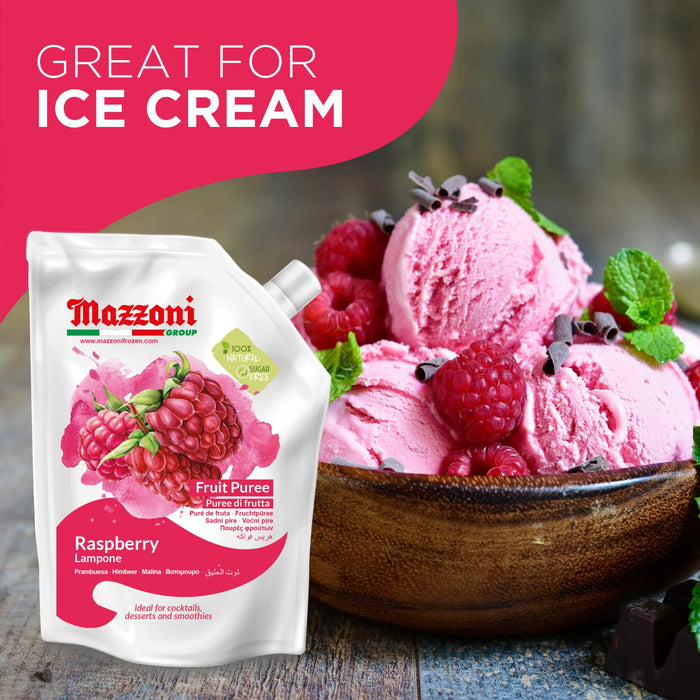 Mazzoni raspberry fruit puree packaging with a bowl of raspberry ice cream.
