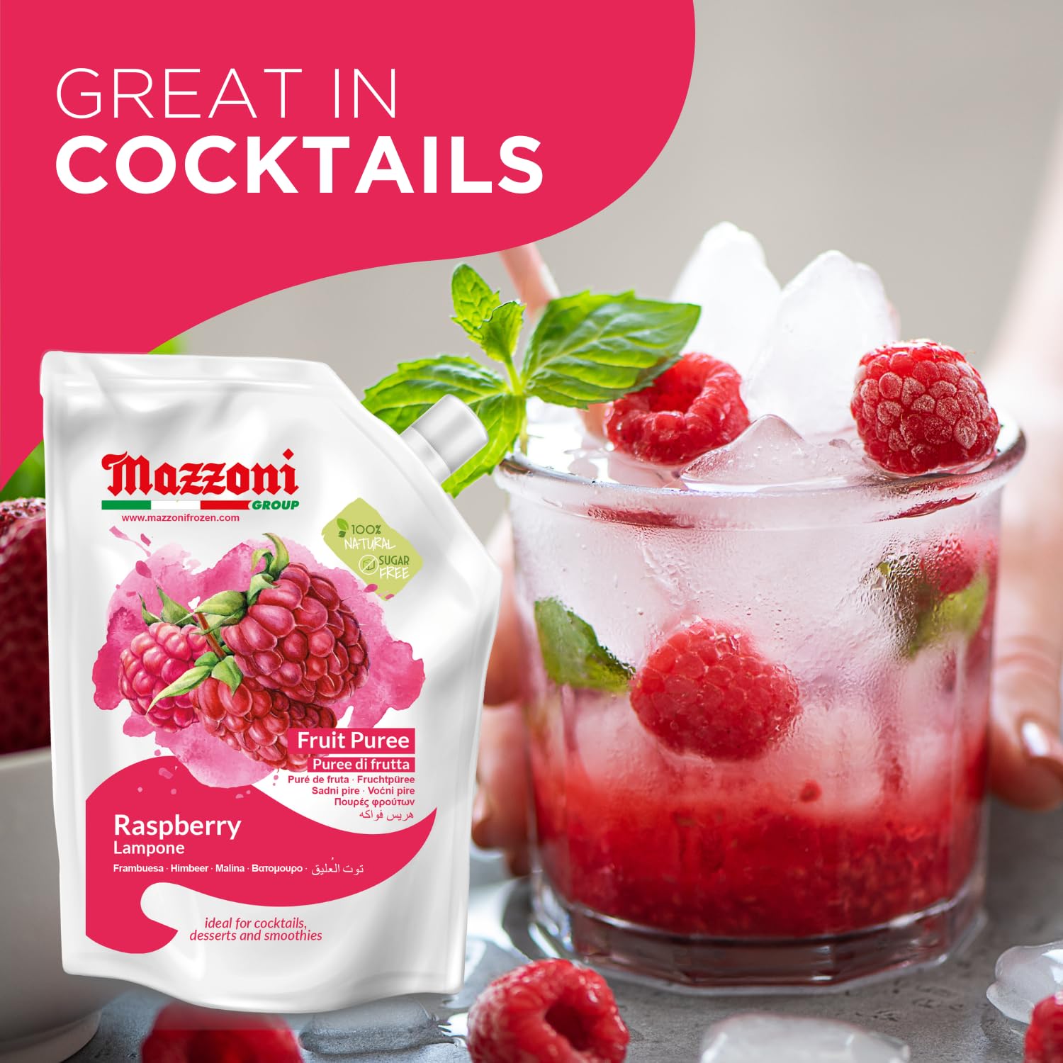 Mazzoni raspberry puree packaging with a cocktail garnished with raspberries and mint leaves.