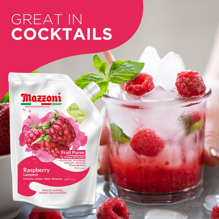 Mazzoni raspberry puree packaging with a cocktail garnished with raspberries and mint leaves.