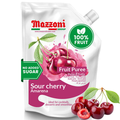 Mazzoni sour cherry fruit puree packaging with cherries on a white background