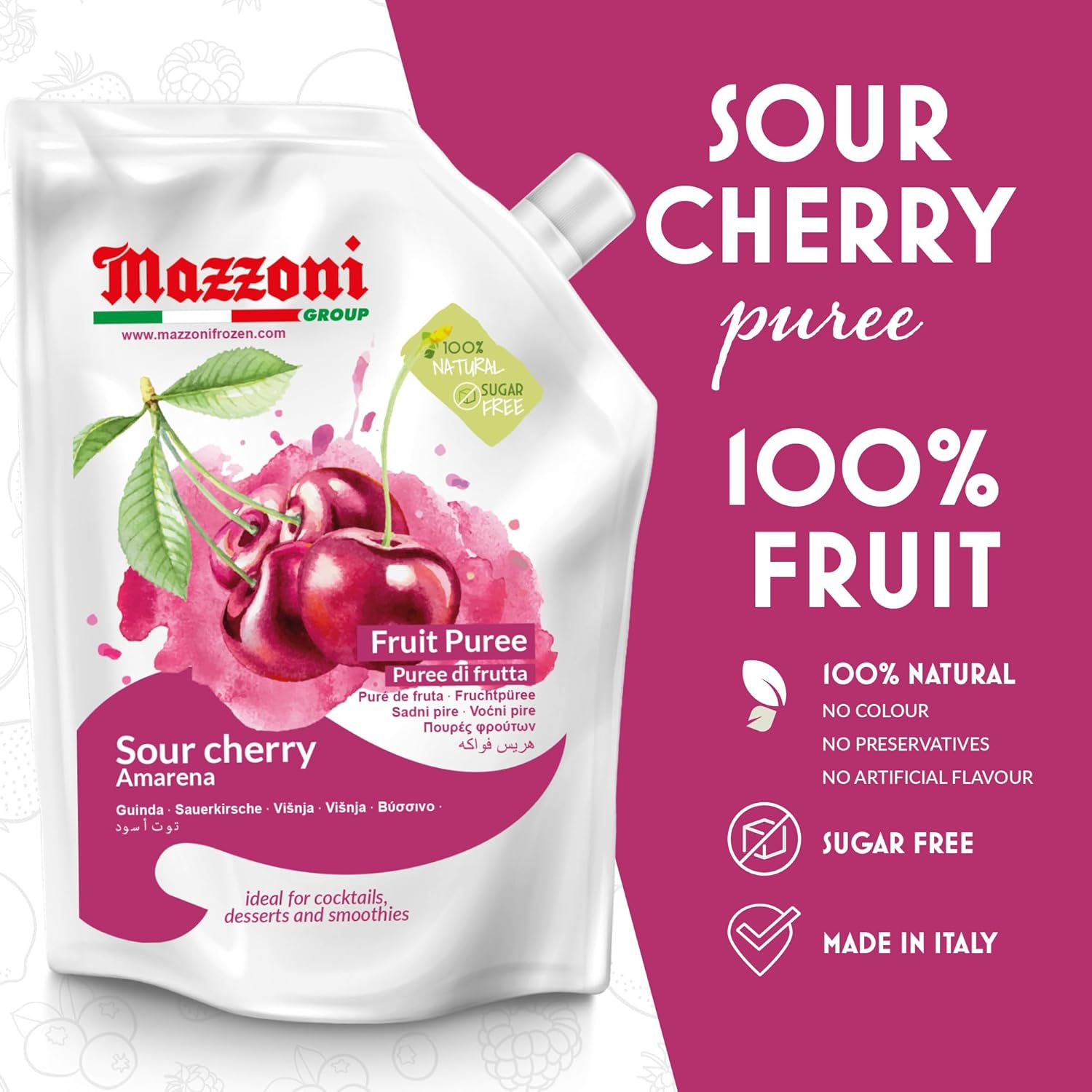 Mazzoni sour cherry puree packaging with product details on a pink background