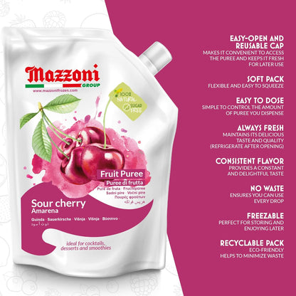 Mazzoni Sour Cherry Fruit Puree packaging with features listed on a pink background