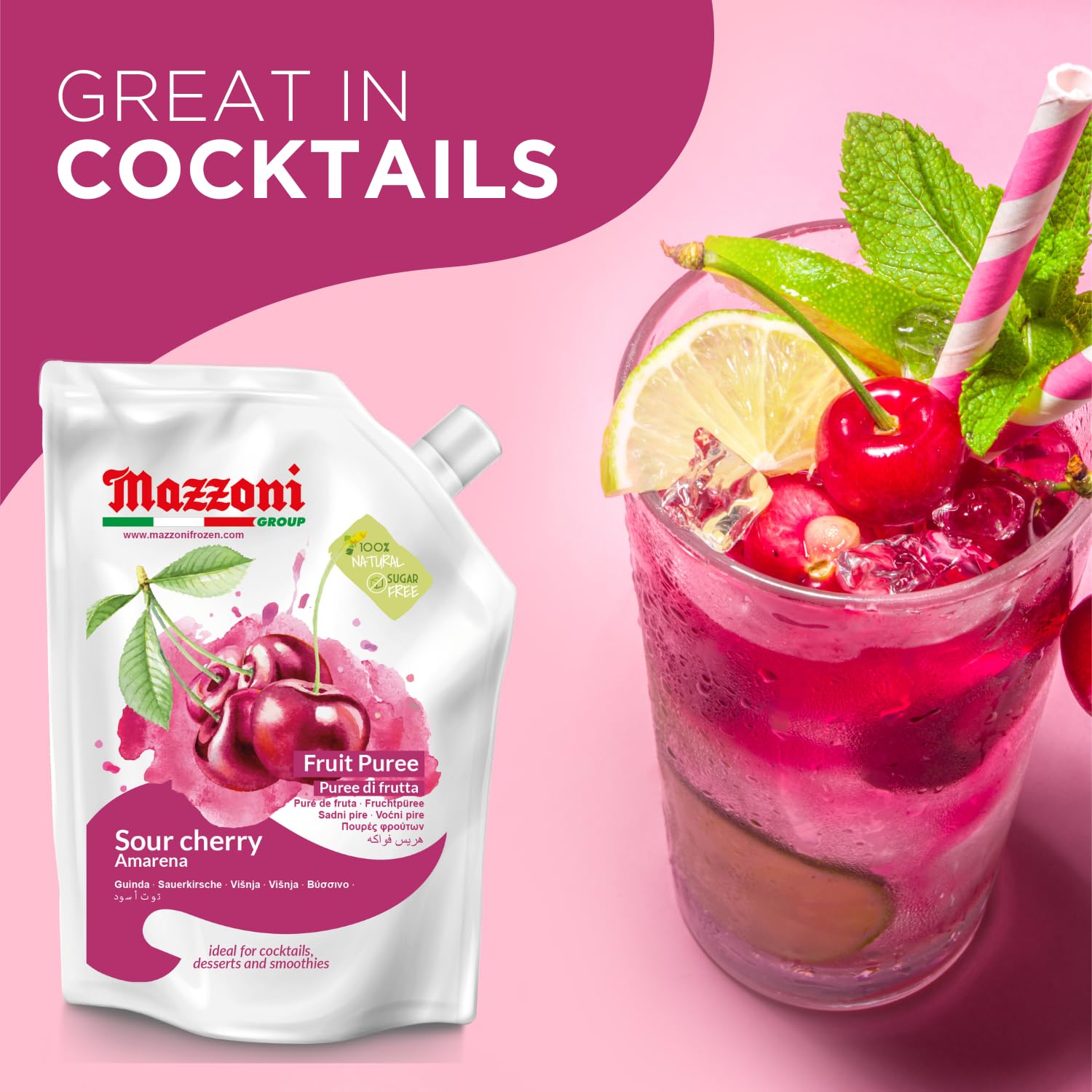 Mazzoni sour cherry fruit puree package with a cocktail garnished with cherry, lime, and mint on a pink background.