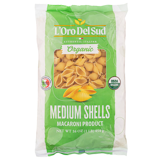 Packaging of L'Oro Del Sud Organic Medium Shells Pasta, showing the pasta through a transparent window and the brand and organic certification logos.