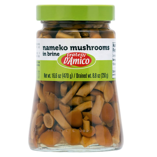 Jar of Fratelli D’Amico nameko mushrooms in brine 470g Italian preserved mushrooms