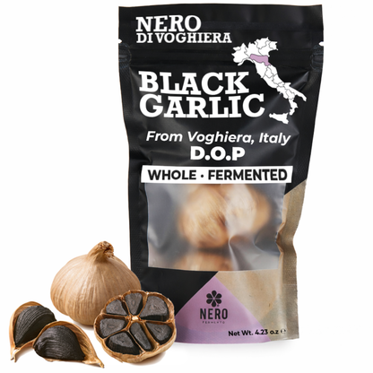  Nero Di Voghiera black garlic package with garlic bulbs on a white background